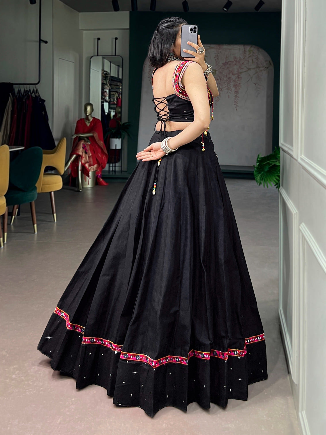 Black Cotton Kutchi Mirror Work Lehenga
