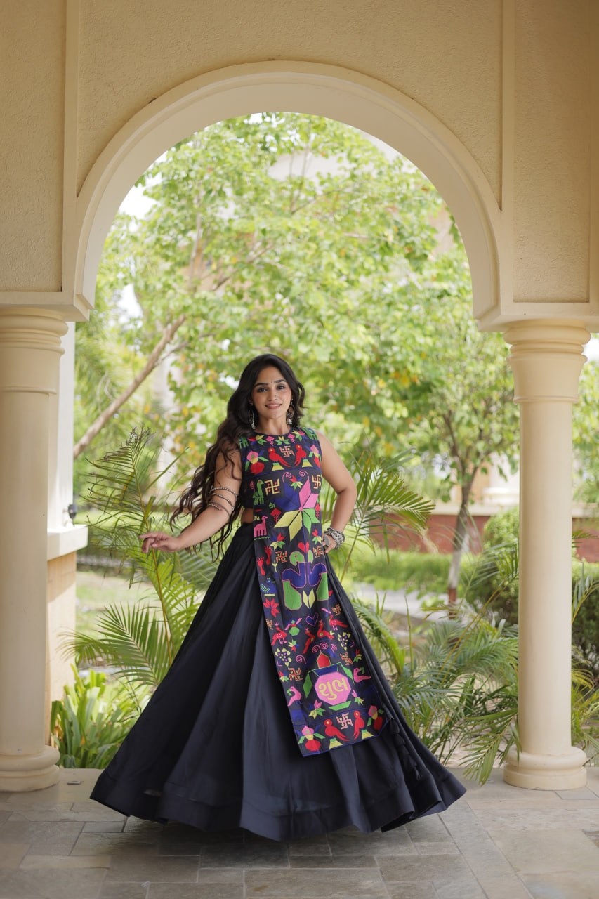Black Cotton Lehenga with Gamthi Blouse