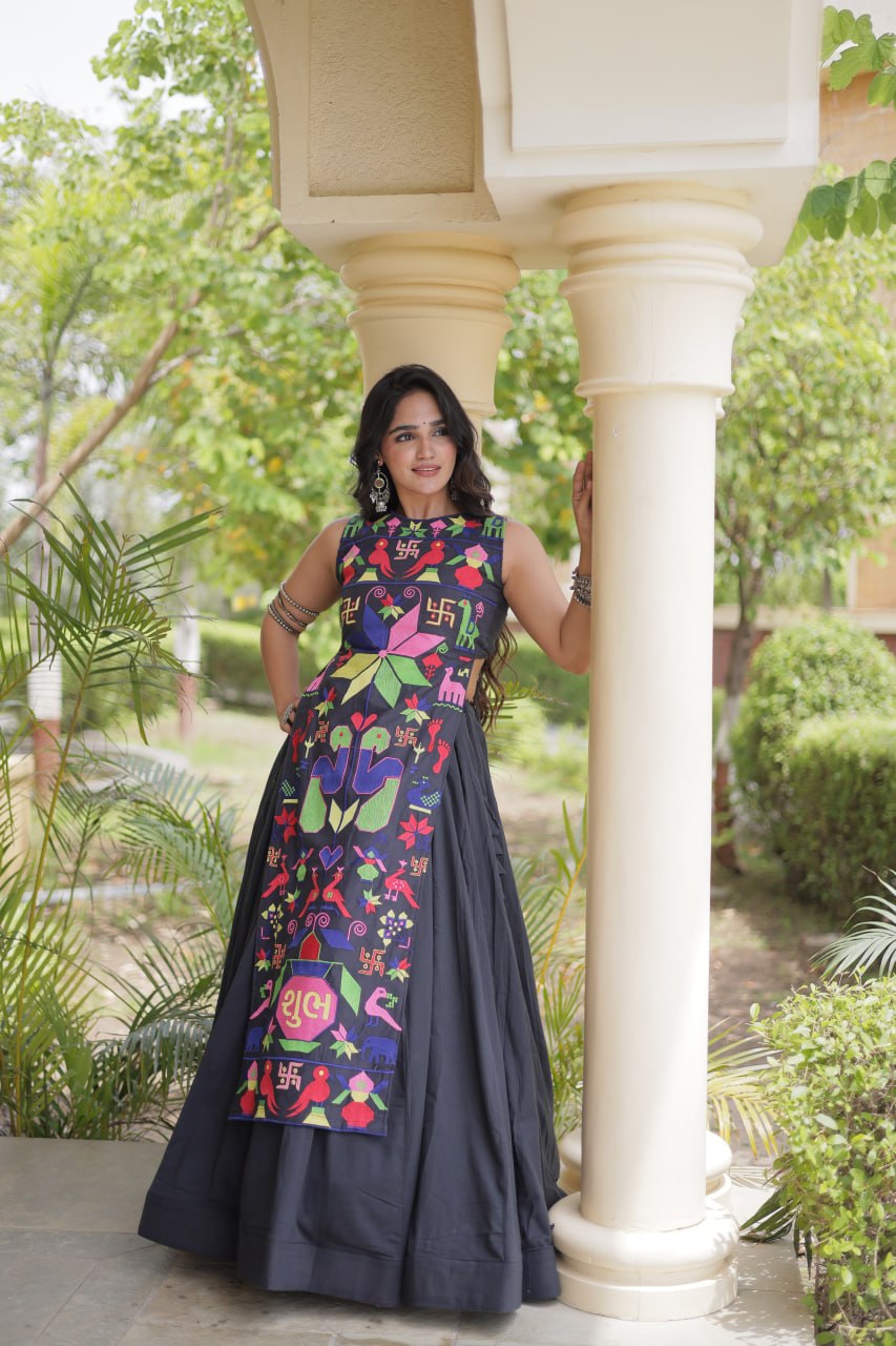 Black Cotton Lehenga with Gamthi Blouse