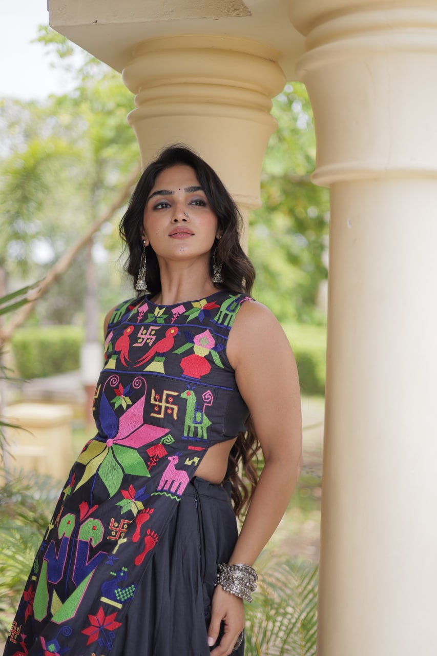Black Cotton Lehenga with Gamthi Blouse