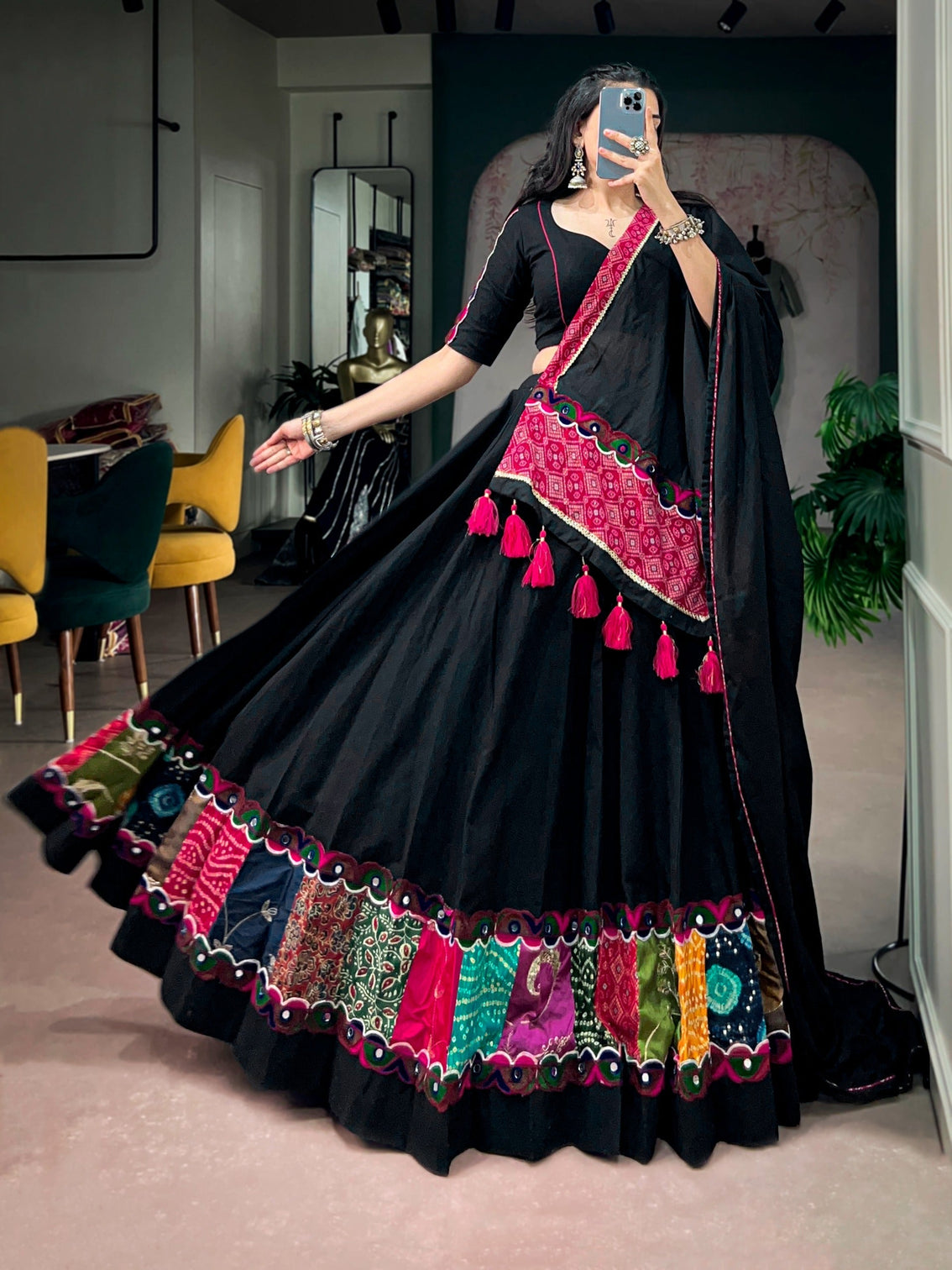 Black Cotton Patchwork Lehenga Choli