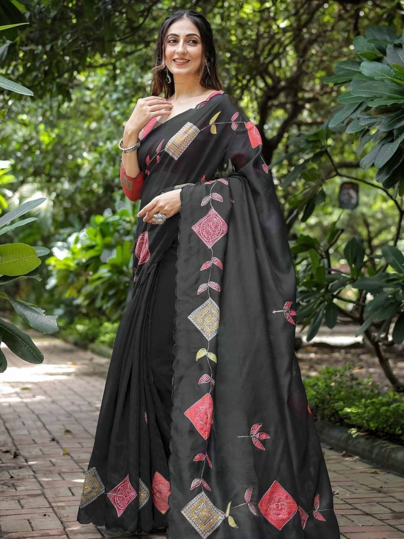 Black Cotton Printed Saree with Blouse for Festive Wear