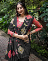 Black Cotton Printed Saree with Blouse for Festive Wear