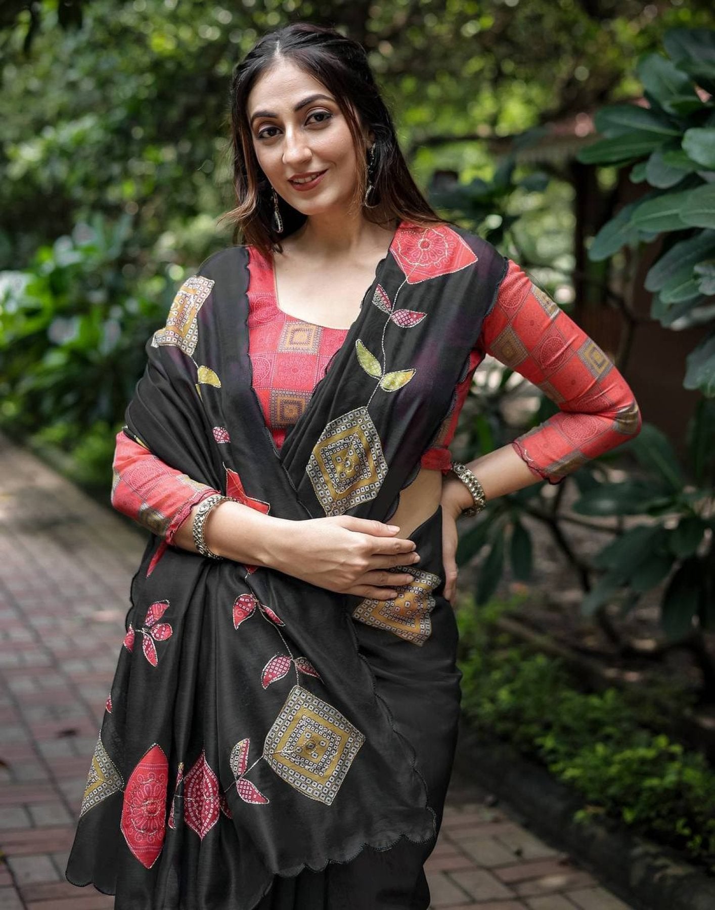 Black Cotton Printed Saree with Blouse for Festive Wear