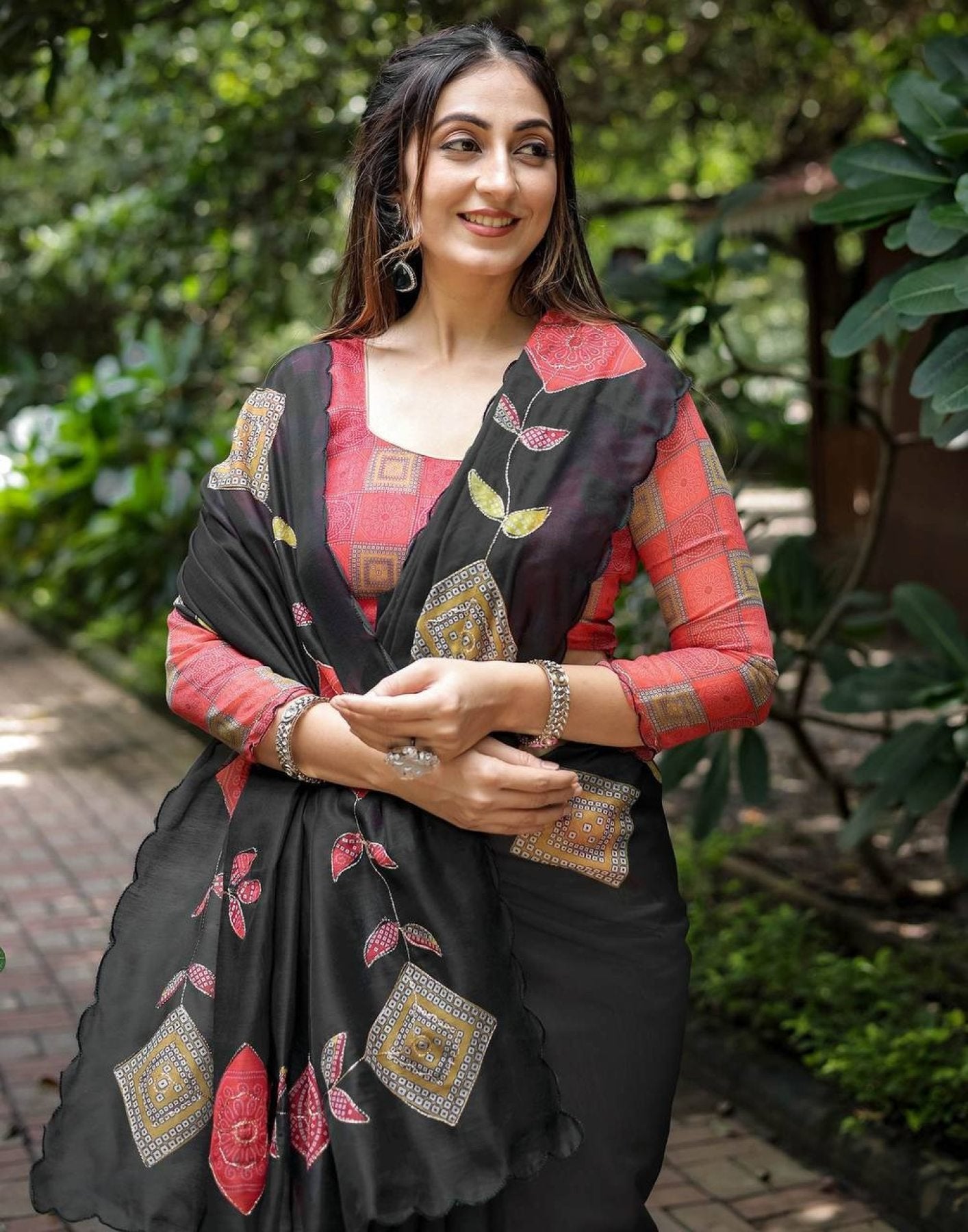 Black Cotton Printed Saree with Blouse for Festive Wear