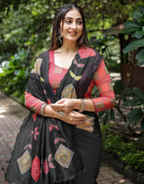 Black Cotton Printed Saree with Blouse for Festive Wear
