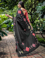 Black Cotton Printed Saree with Blouse for Festive Wear