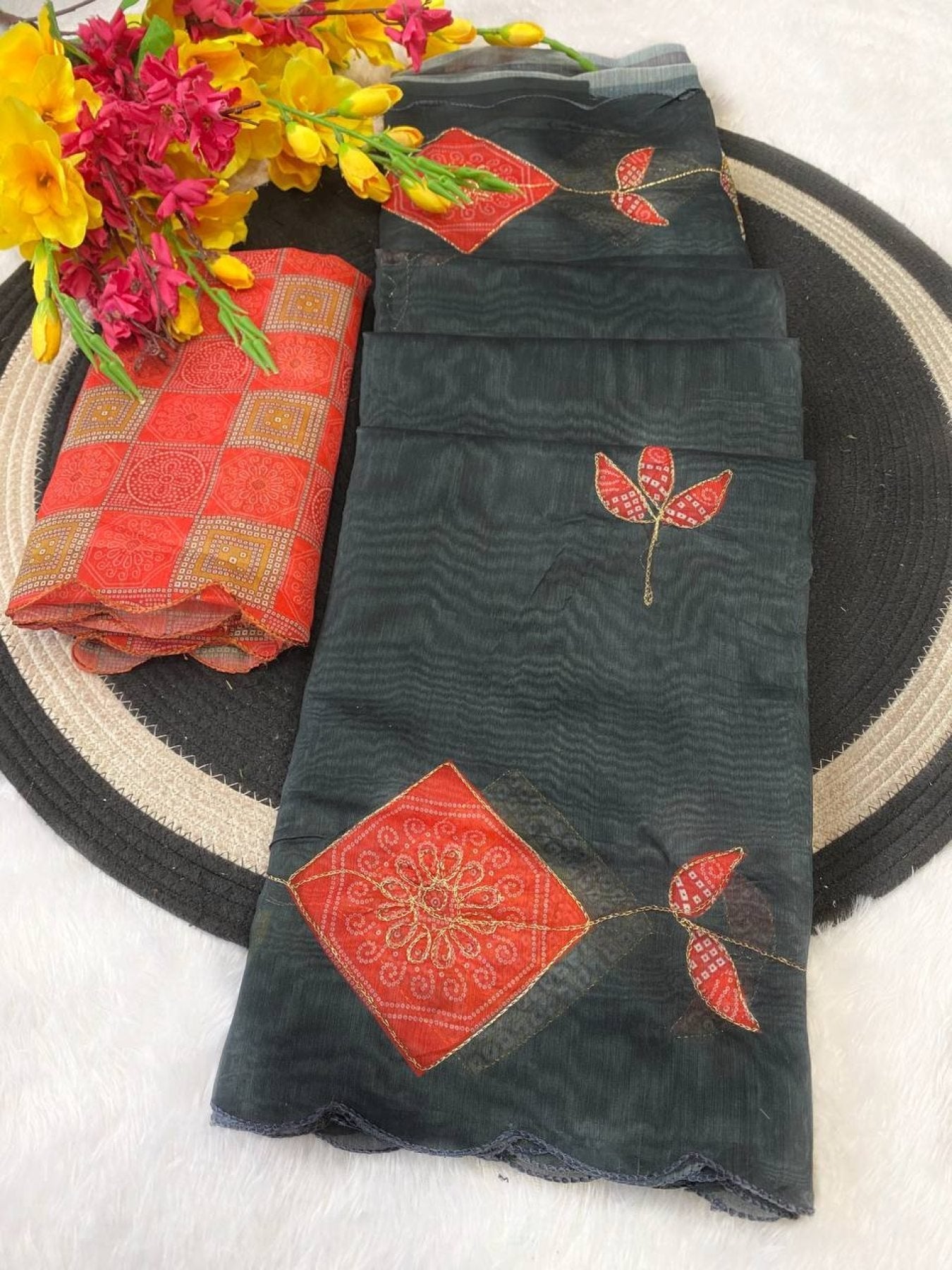 Black Cotton Printed Saree with Blouse for Festive Wear