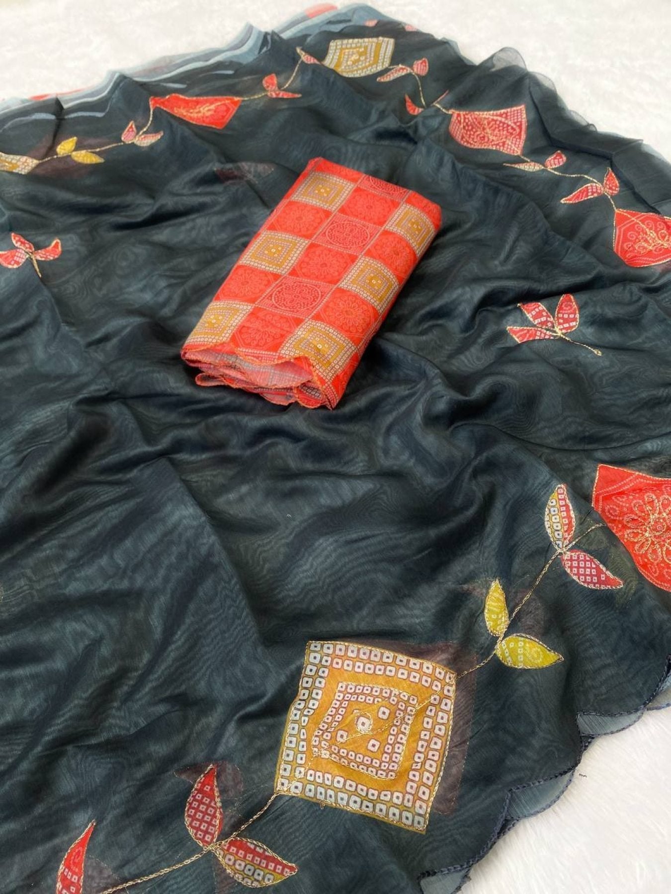 Black Cotton Printed Saree with Blouse for Festive Wear