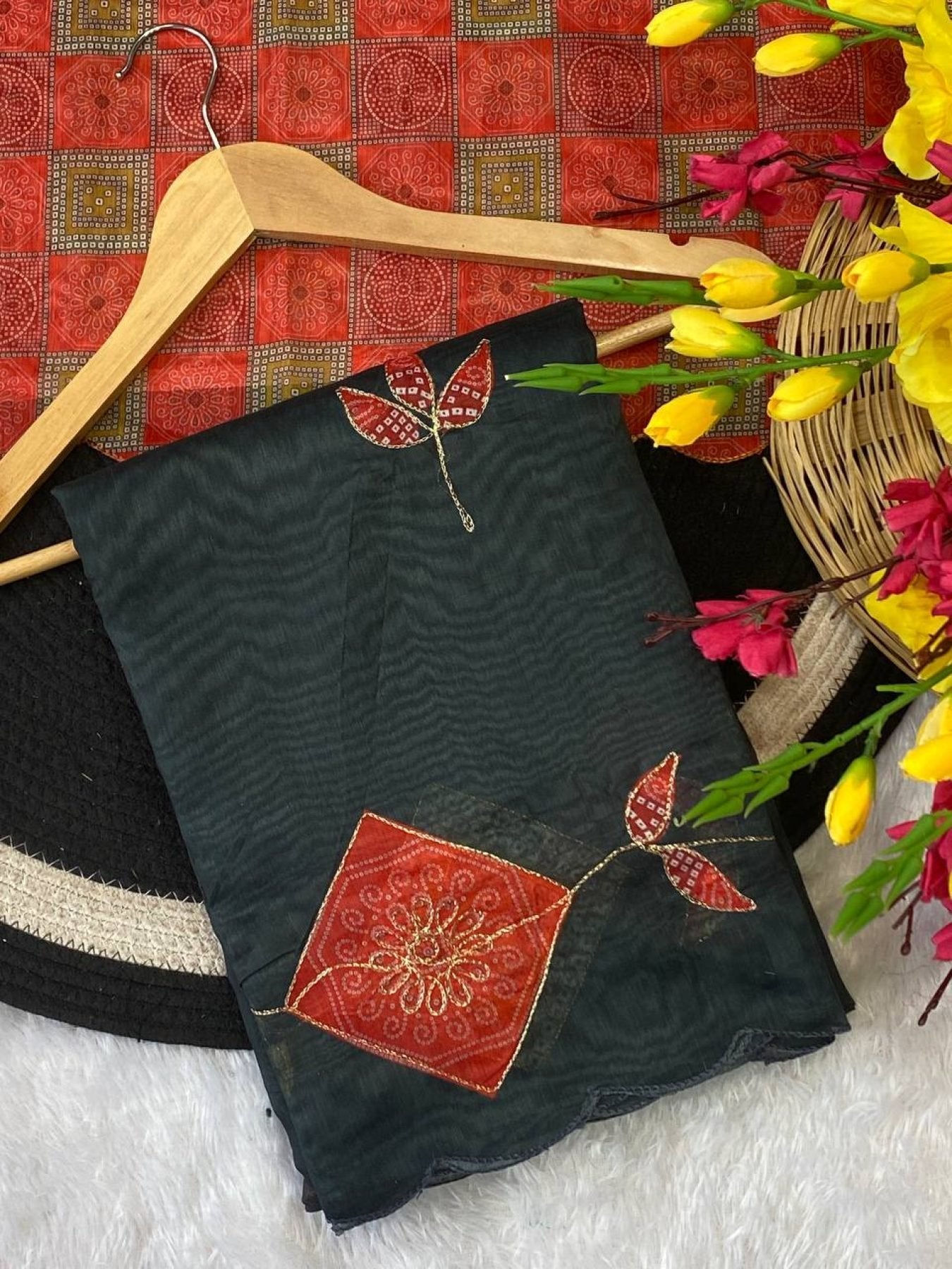 Black Cotton Printed Saree with Blouse for Festive Wear