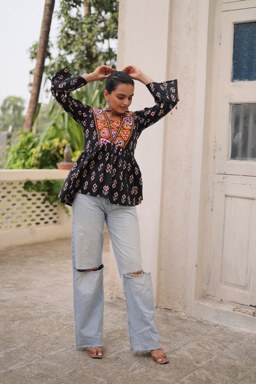 Black Cotton Printed Top with Kutchi Patchwork & Dori Closure – Stitched