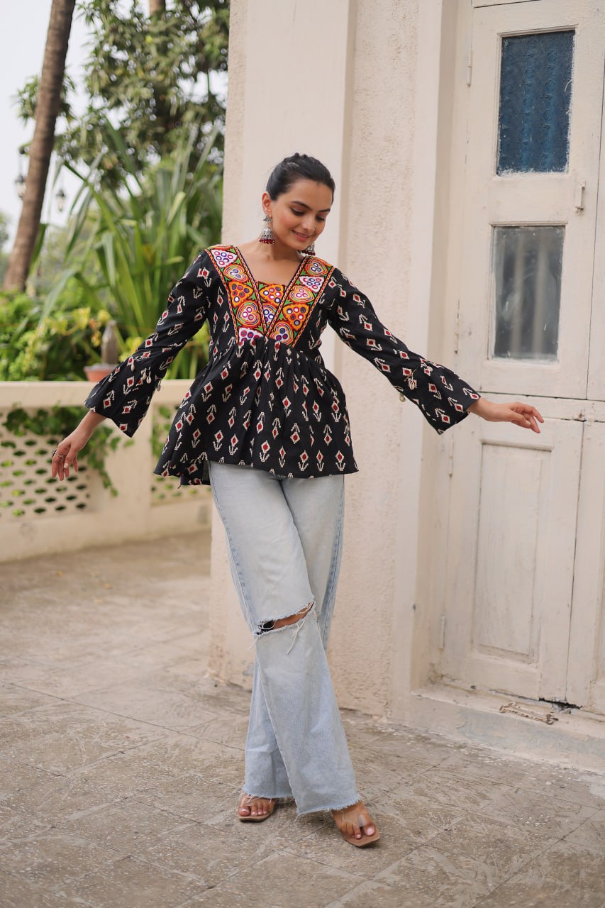 Black Cotton Printed Top with Kutchi Patchwork & Dori Closure – Stitched
