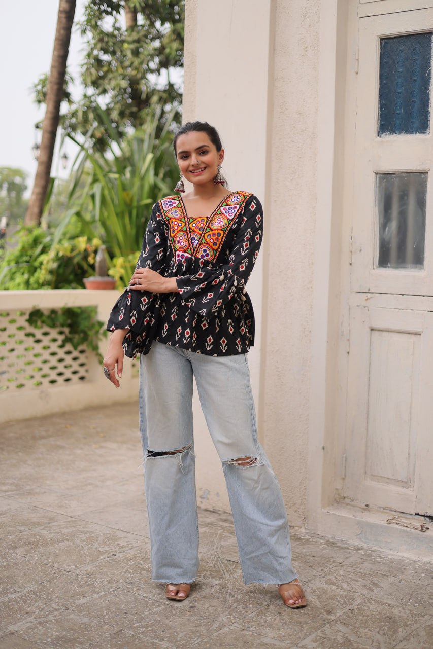 Black Cotton Printed Top with Kutchi Patchwork & Dori Closure – Stitched