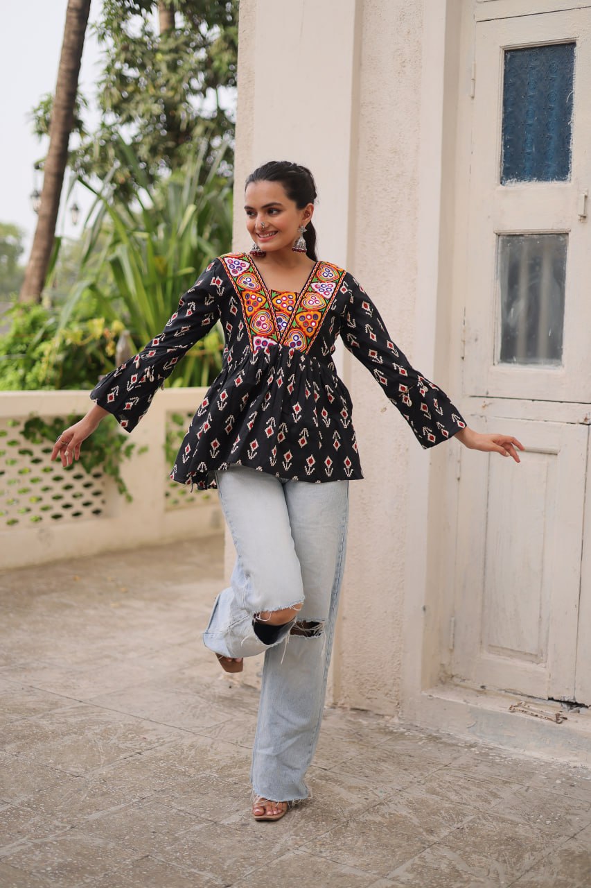 Black Cotton Printed Top with Kutchi Patchwork & Dori Closure – Stitched
