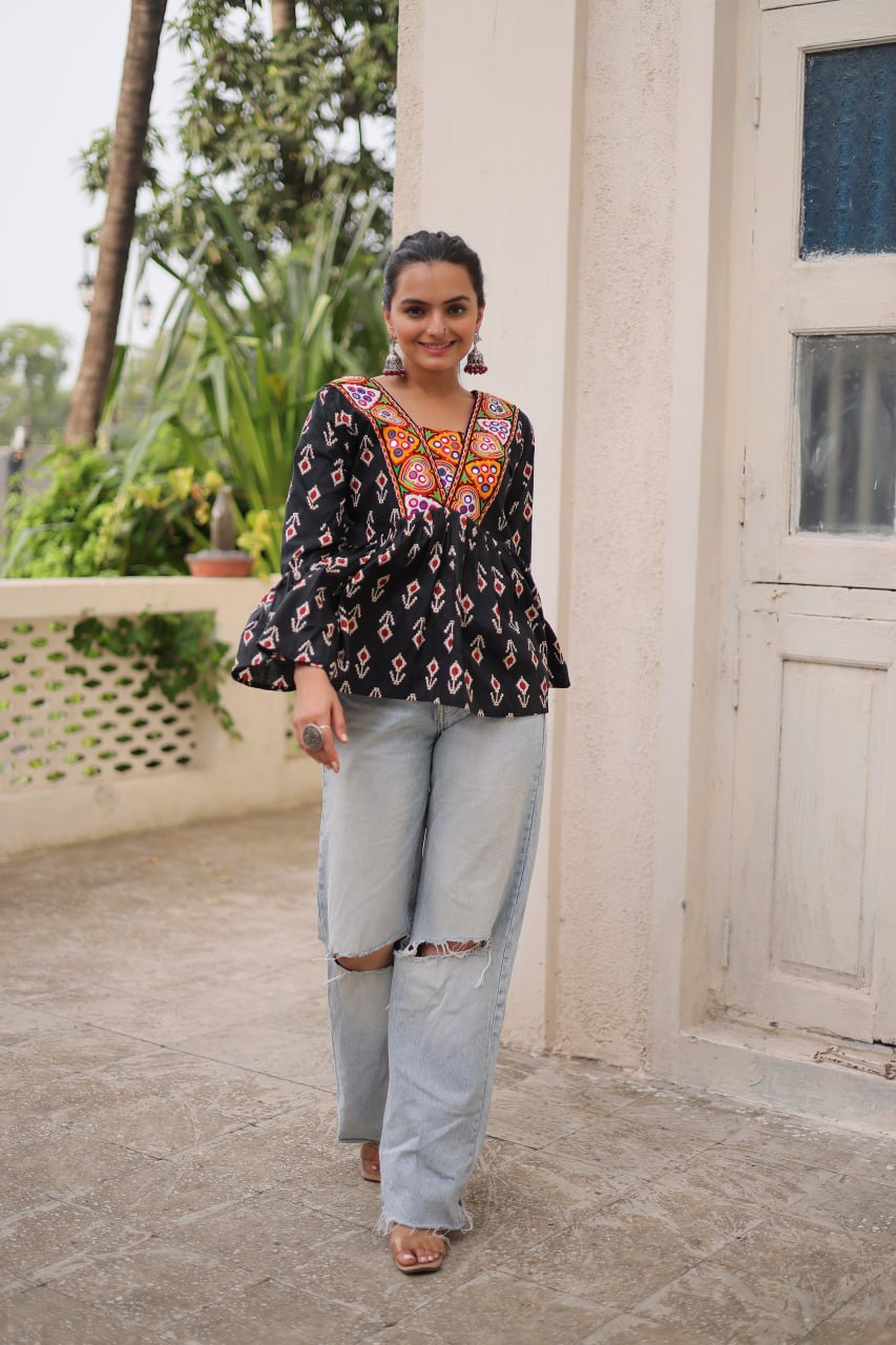 Black Cotton Printed Top with Kutchi Patchwork & Dori Closure – Stitched