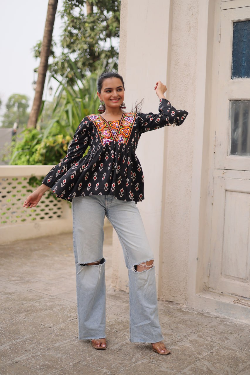 Black Cotton Printed Top with Kutchi Patchwork & Dori Closure – Stitched