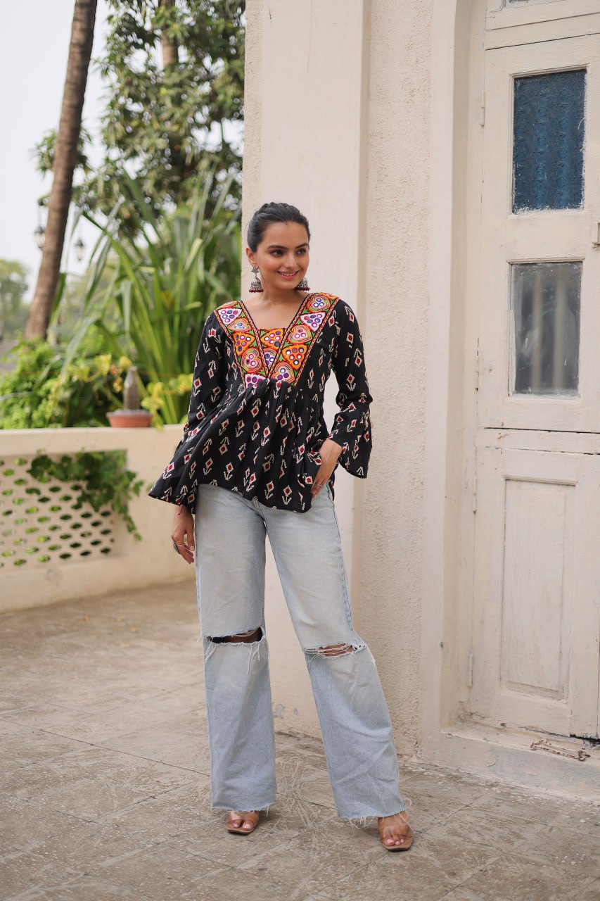 Black Cotton Printed Top with Kutchi Patchwork & Dori Closure – Stitched