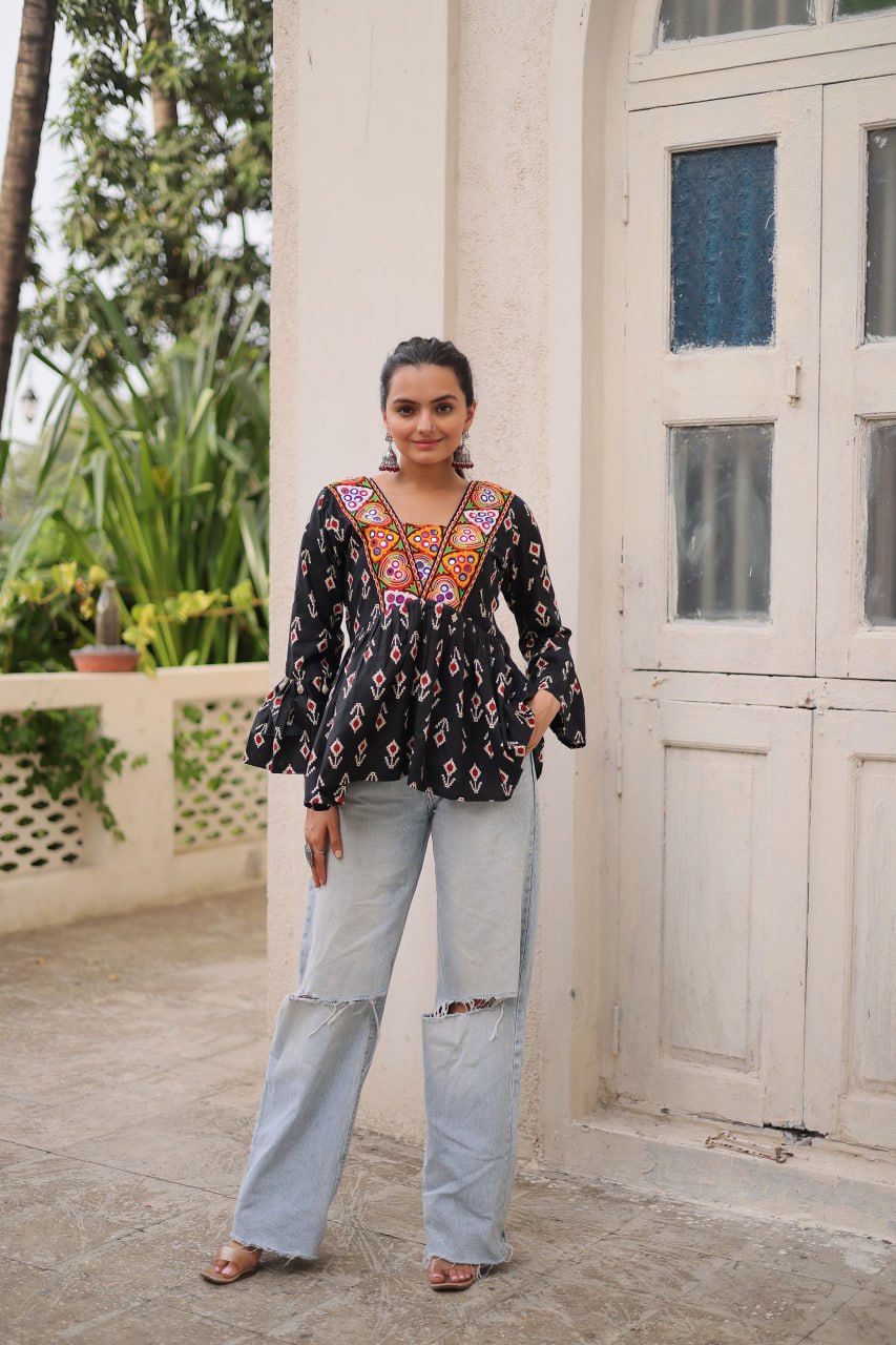 Black Cotton Printed Top with Kutchi Patchwork & Dori Closure – Stitched