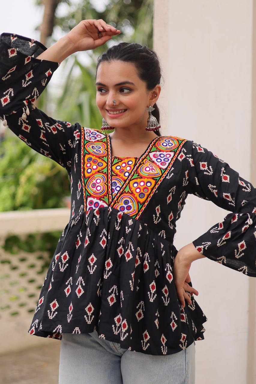 Black Cotton Printed Top with Kutchi Patchwork & Dori Closure – Stitched