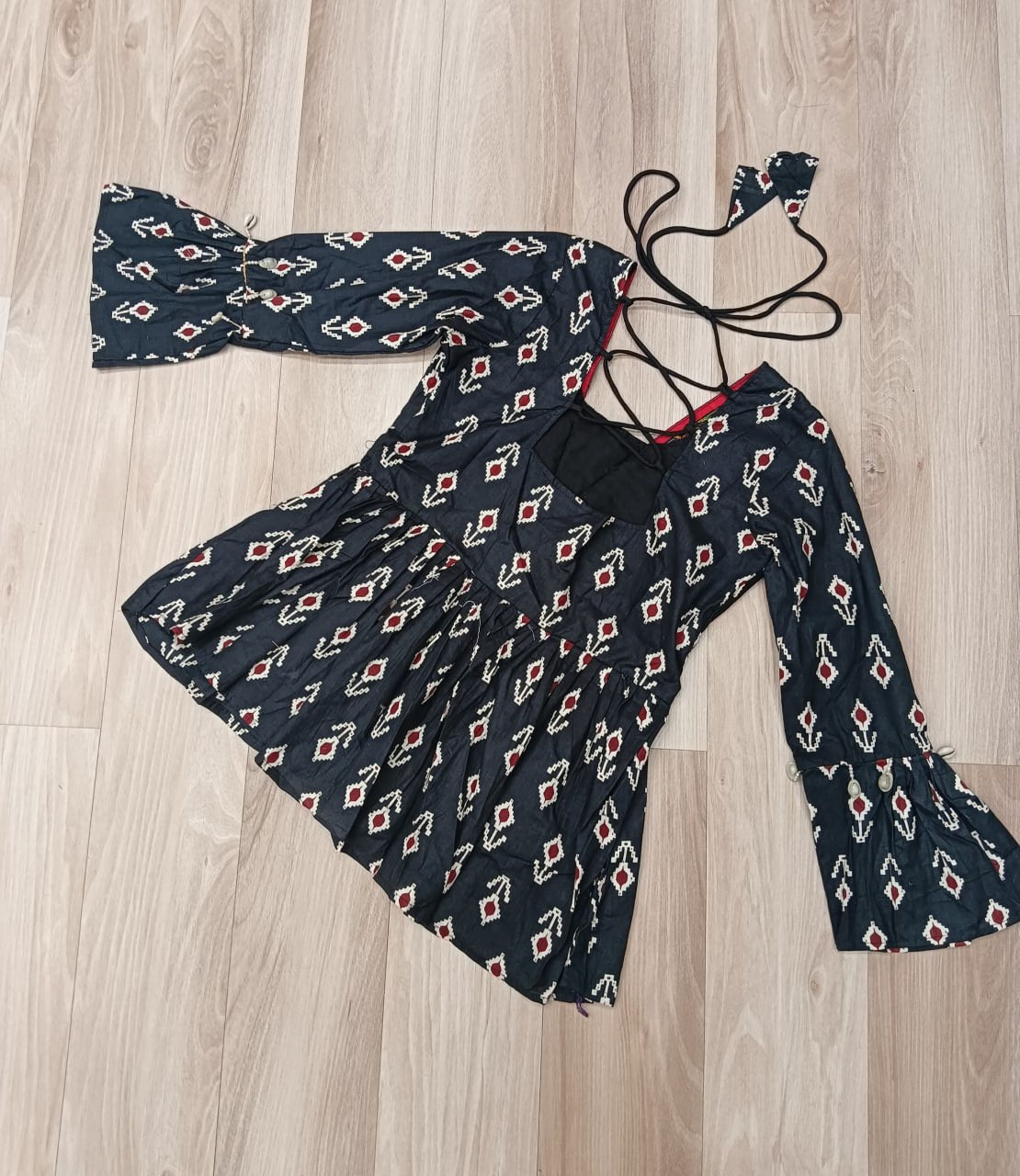 Black Cotton Printed Top with Kutchi Patchwork & Dori Closure – Stitched