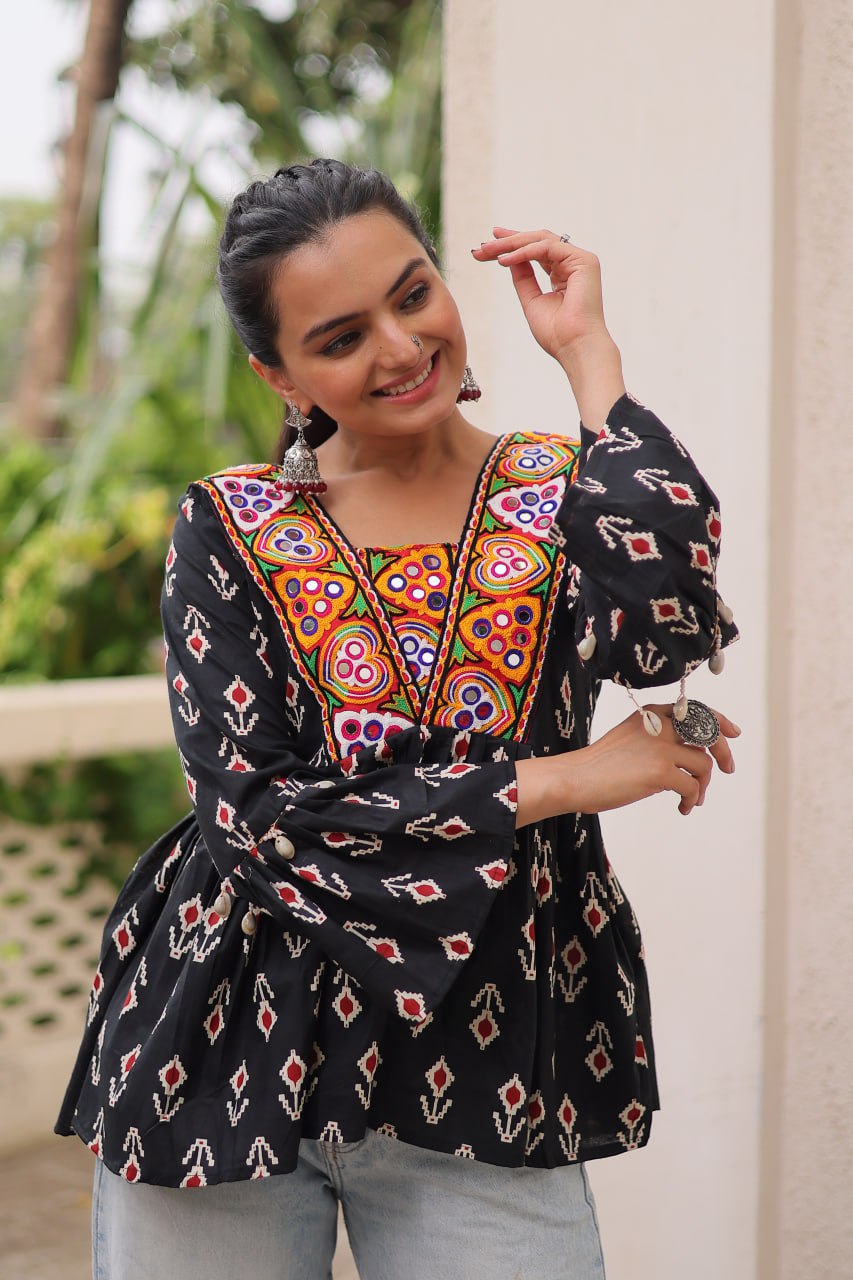 Black Cotton Printed Top with Kutchi Patchwork & Dori Closure – Stitched