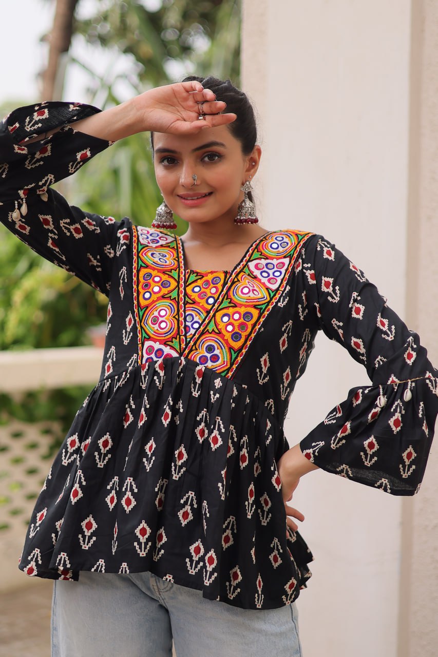 Black Cotton Printed Top with Kutchi Patchwork & Dori Closure – Stitched