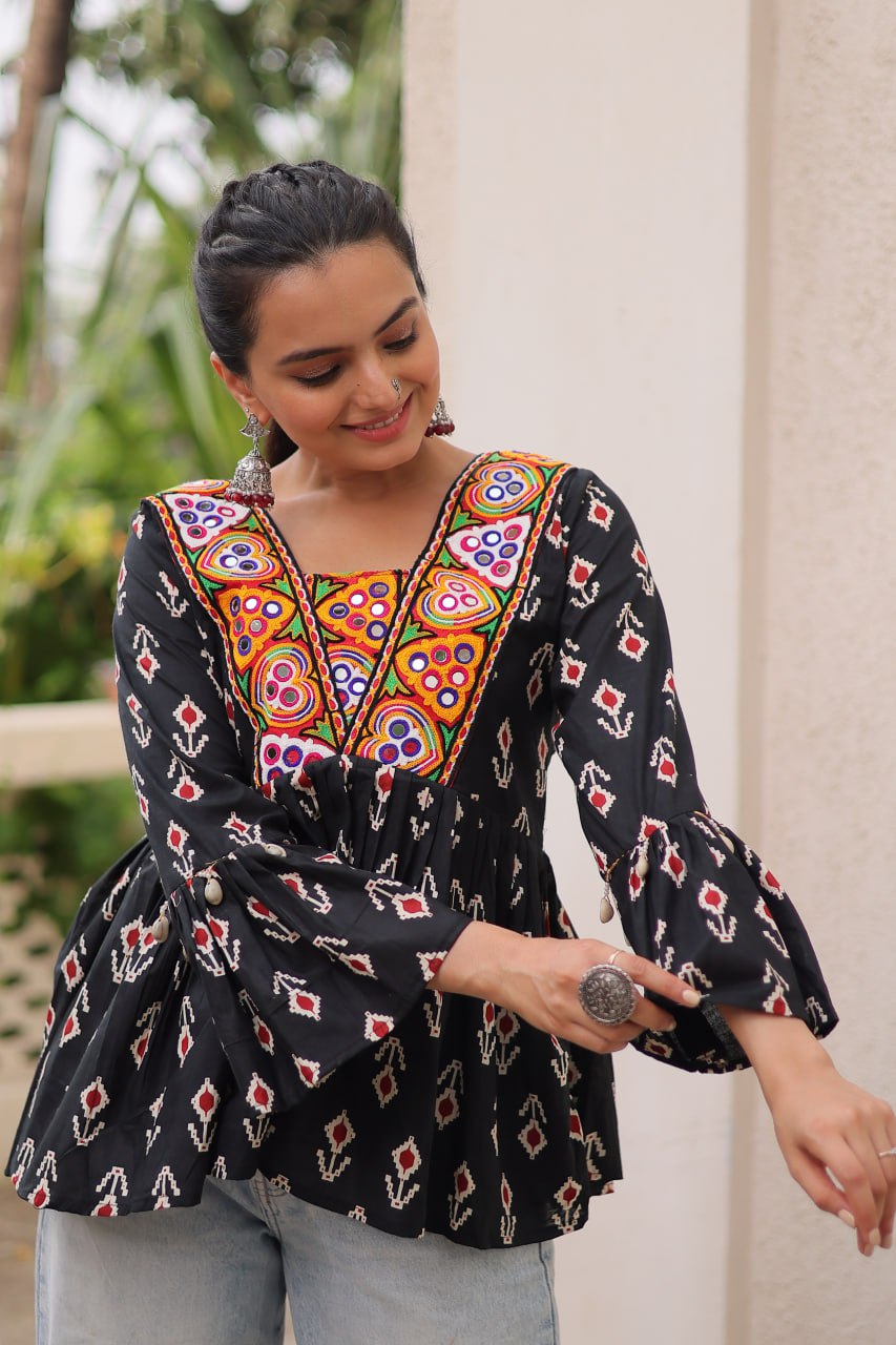 Black Cotton Printed Top with Kutchi Patchwork & Dori Closure – Stitched