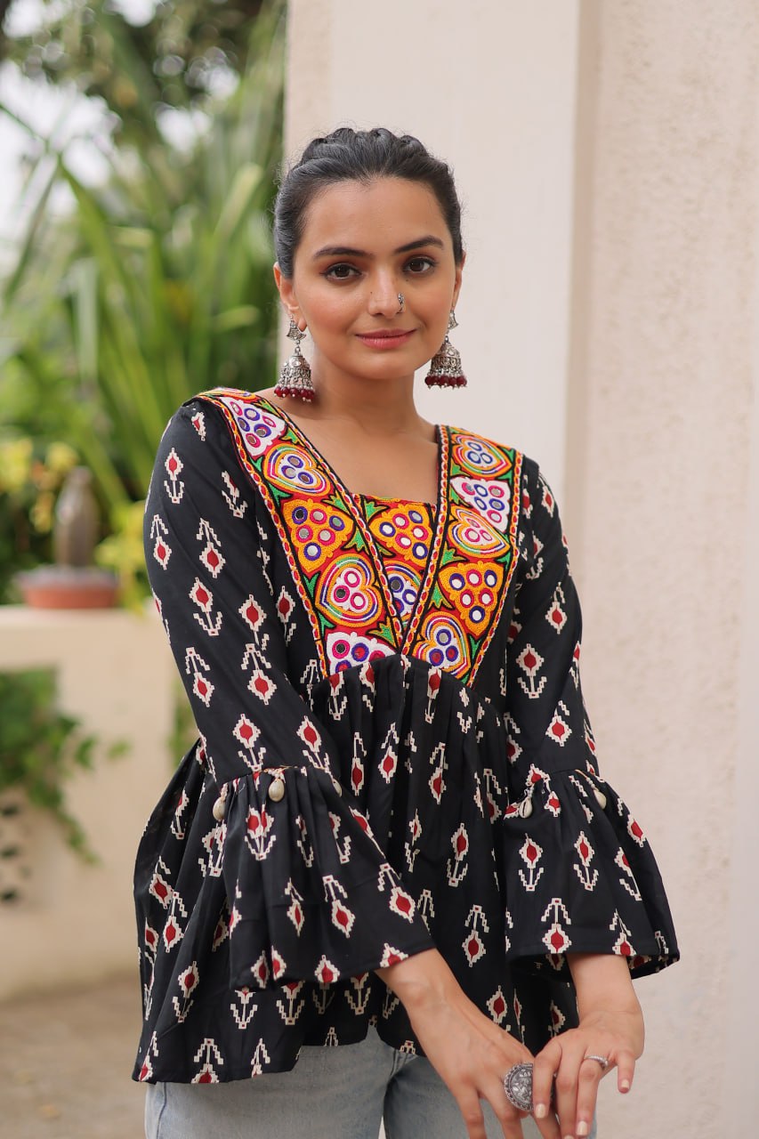 Black Cotton Printed Top with Kutchi Patchwork & Dori Closure – Stitched