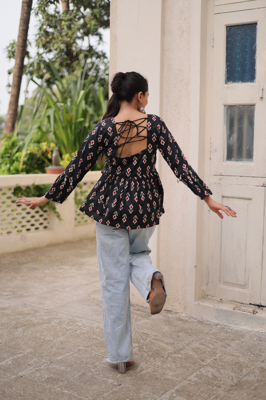Black Cotton Printed Top with Kutchi Patchwork & Dori Closure – Stitched