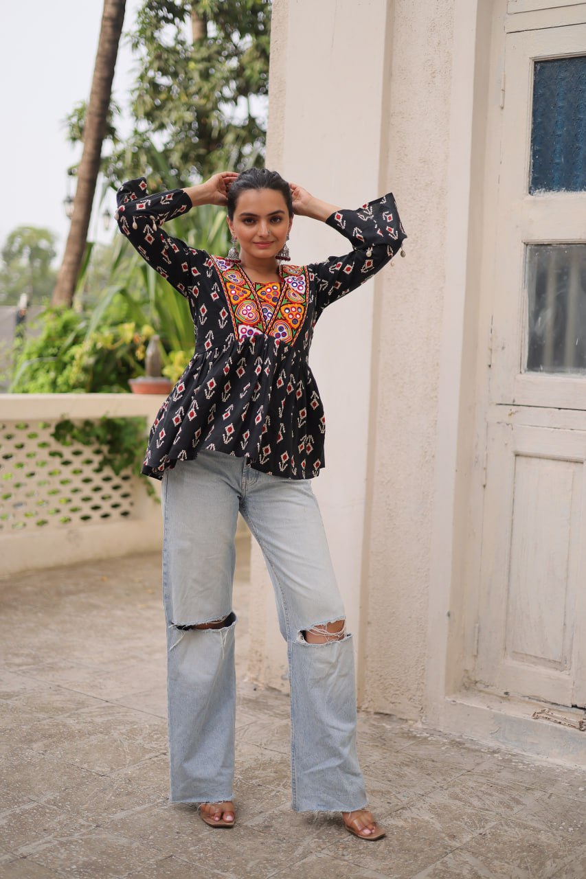 Black Cotton Printed Top with Kutchi Patchwork & Dori Closure – Stitched