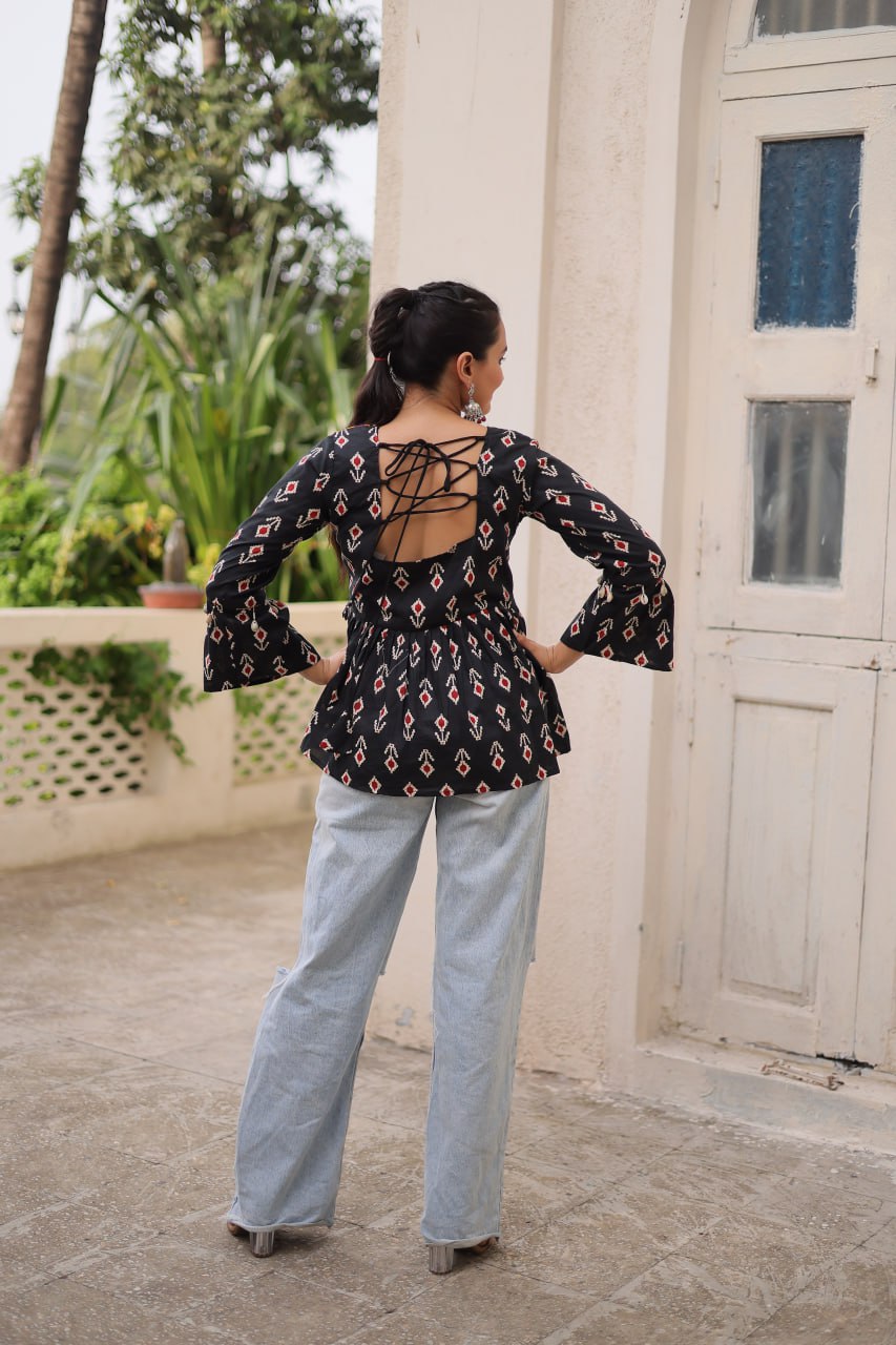 Black Cotton Printed Top with Kutchi Patchwork & Dori Closure – Stitched