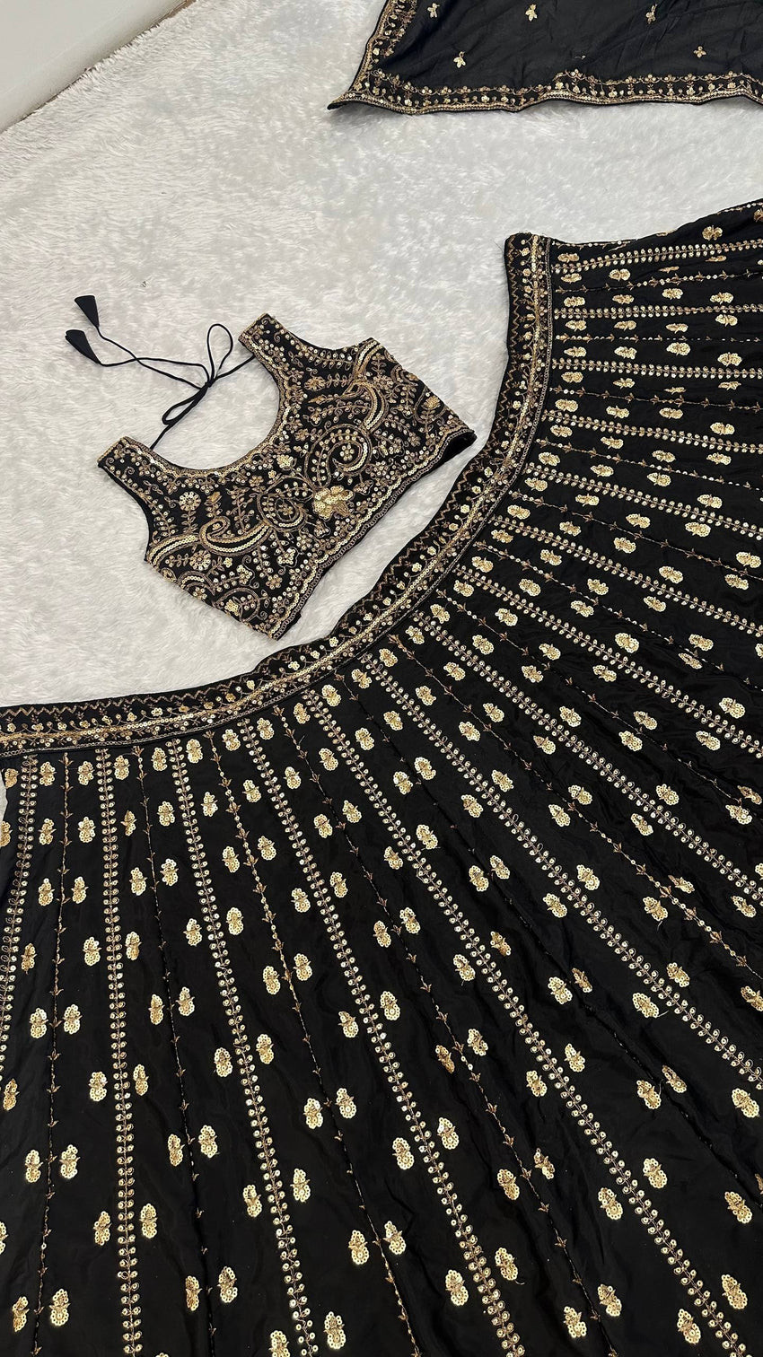 Black Crepe Silk Sequins Lehenga Set