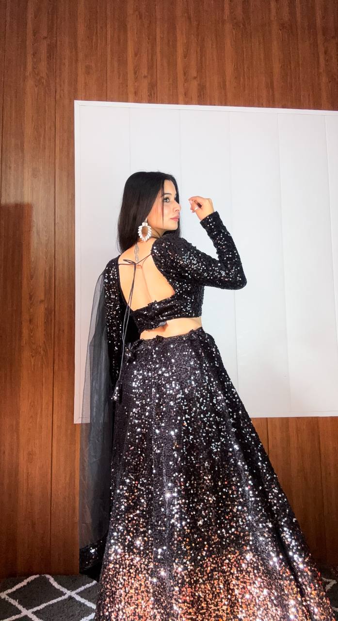 Black Dazzling Velvet Sequin Lehenga – Unstitch Blouse & Net Dupatta