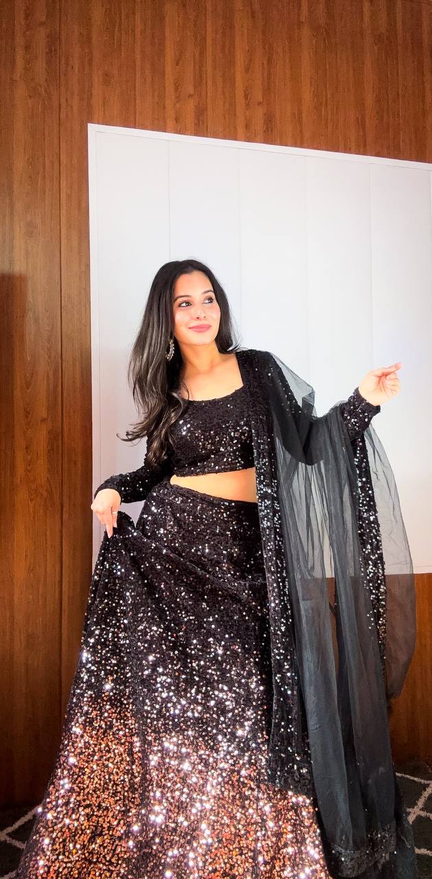 Black Dazzling Velvet Sequin Lehenga – Unstitch Blouse & Net Dupatta