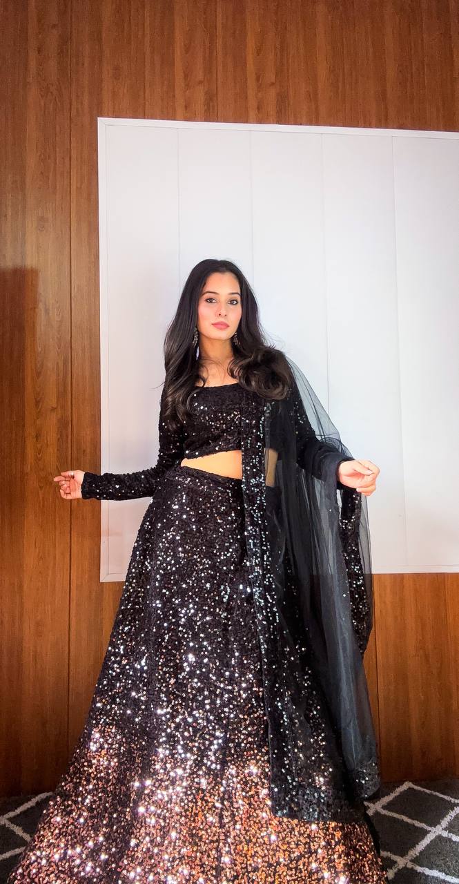 Black Dazzling Velvet Sequin Lehenga – Unstitch Blouse & Net Dupatta