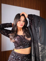 Black Dazzling Velvet Sequin Lehenga – Unstitch Blouse & Net Dupatta