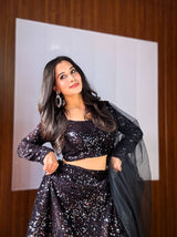 Black Dazzling Velvet Sequin Lehenga – Unstitch Blouse & Net Dupatta