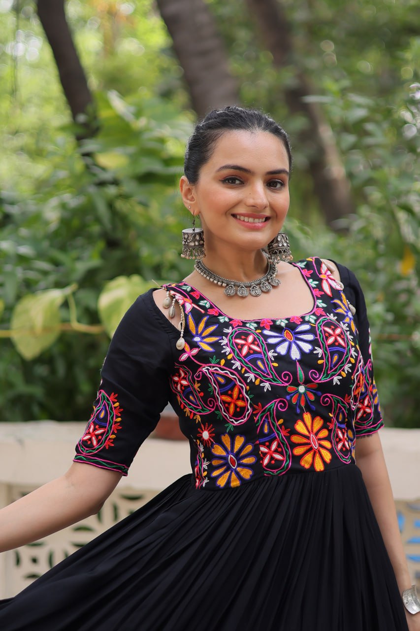 Black Designer 14kg Rayon Gathering Frill Gown with Kutchi Gamthi Embroidery