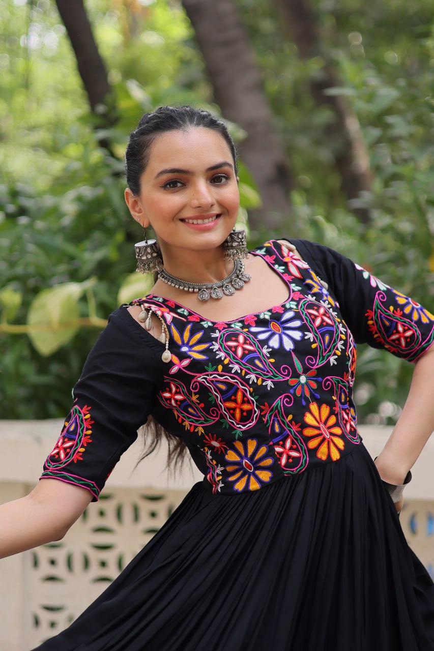 Black Designer 14kg Rayon Gathering Frill Gown with Kutchi Gamthi Embroidery