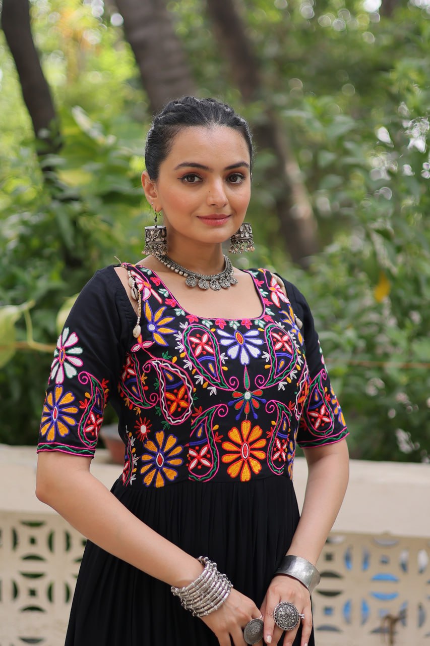 Black Designer 14kg Rayon Gathering Frill Gown with Kutchi Gamthi Embroidery