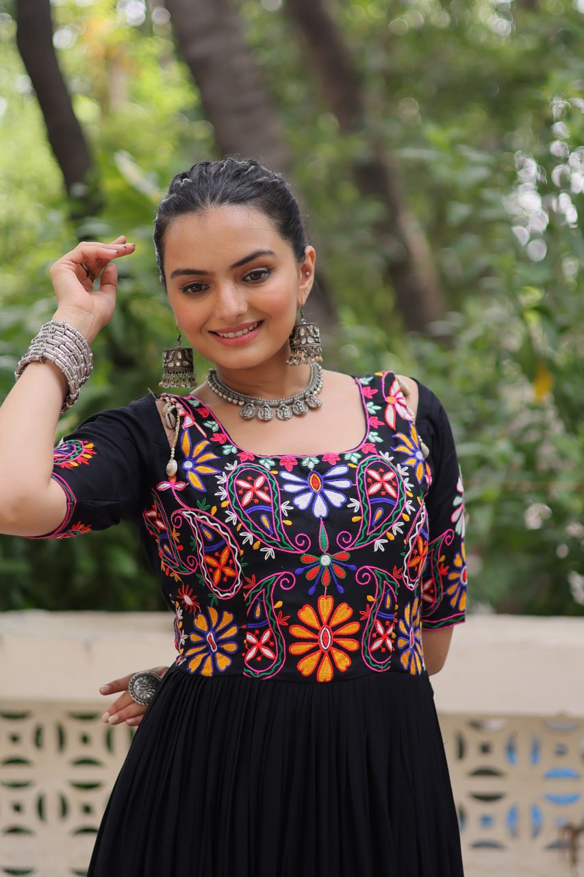 Black Designer 14kg Rayon Gathering Frill Gown with Kutchi Gamthi Embroidery