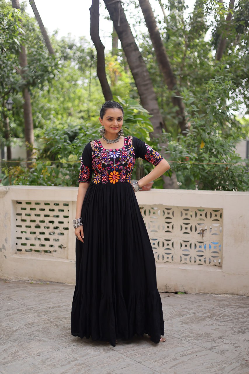 Black Designer 14kg Rayon Gathering Frill Gown with Kutchi Gamthi Embroidery