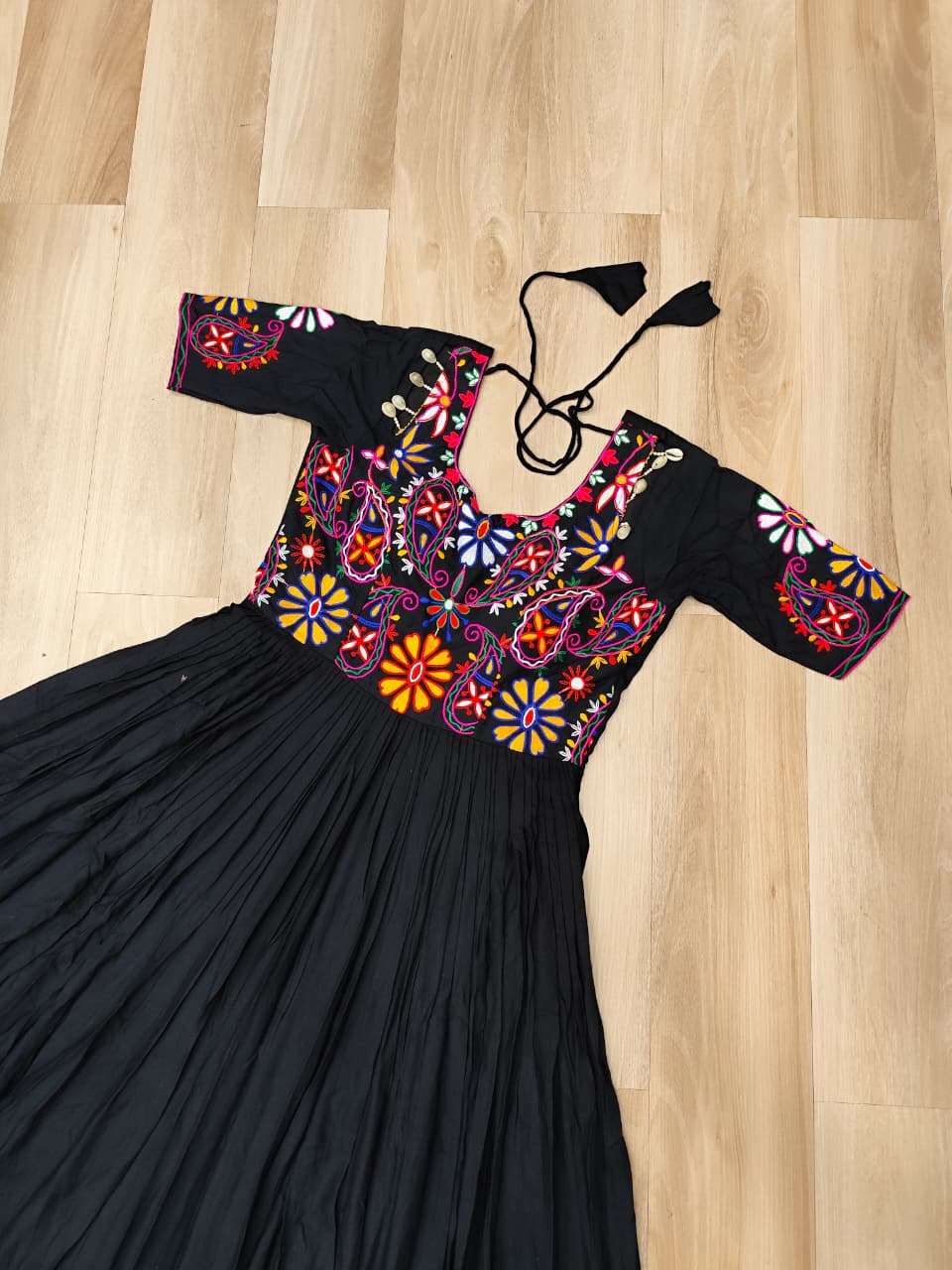 Black Designer 14kg Rayon Gathering Frill Gown with Kutchi Gamthi Embroidery