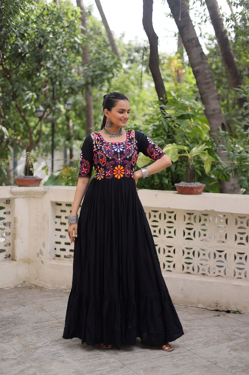 Black Designer 14kg Rayon Gathering Frill Gown with Kutchi Gamthi Embroidery