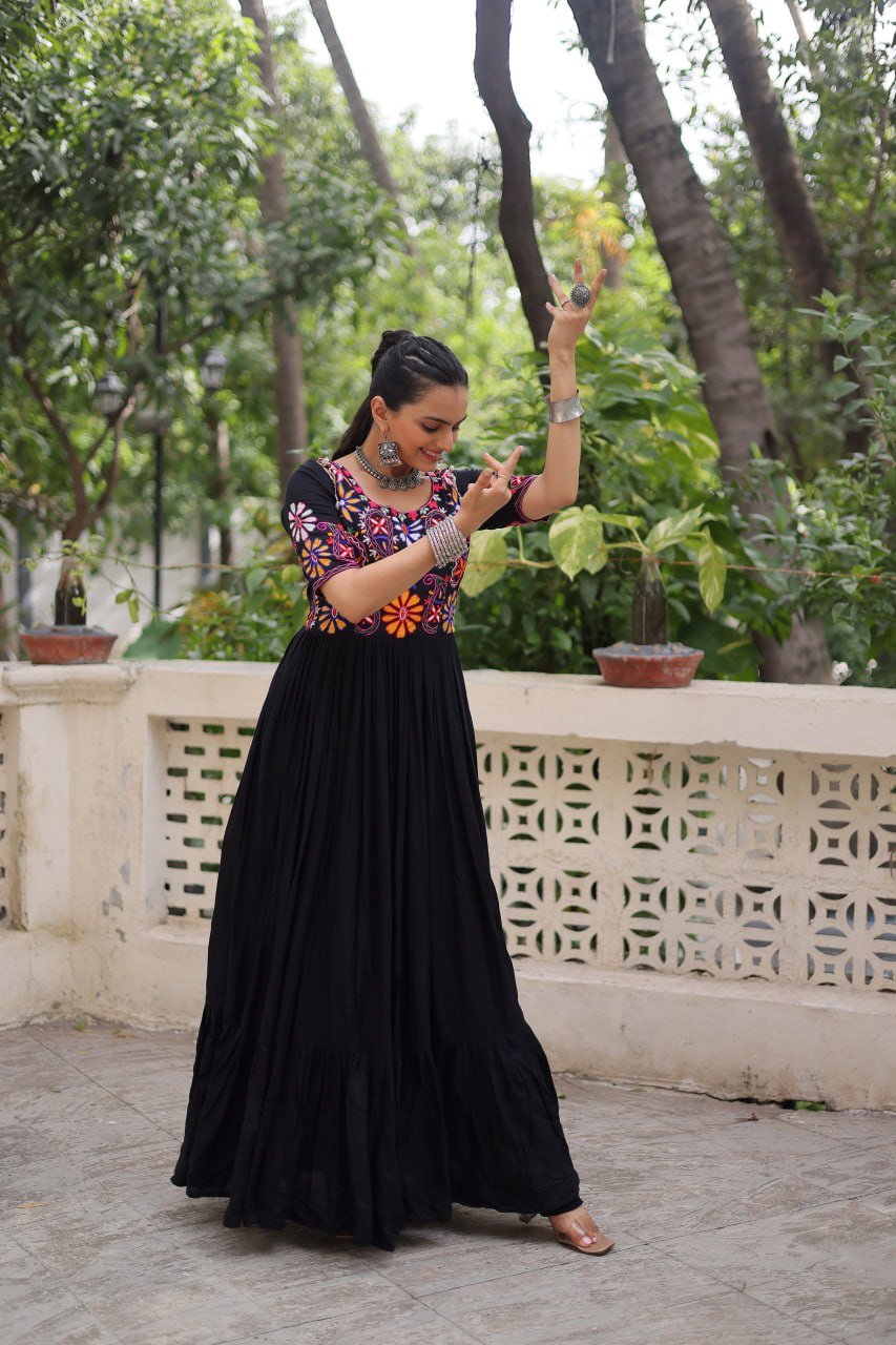 Black Designer 14kg Rayon Gathering Frill Gown with Kutchi Gamthi Embroidery