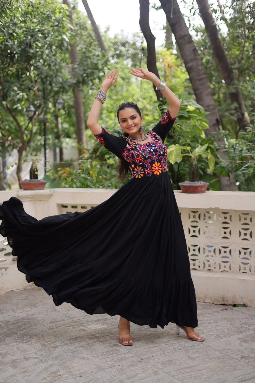 Black Designer 14kg Rayon Gathering Frill Gown with Kutchi Gamthi Embroidery