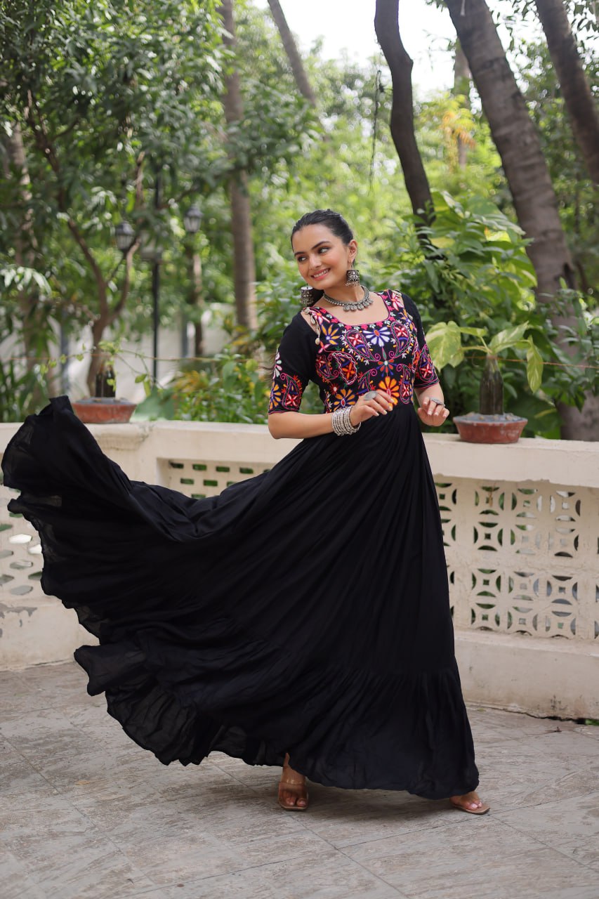 Black Designer 14kg Rayon Gathering Frill Gown with Kutchi Gamthi Embroidery