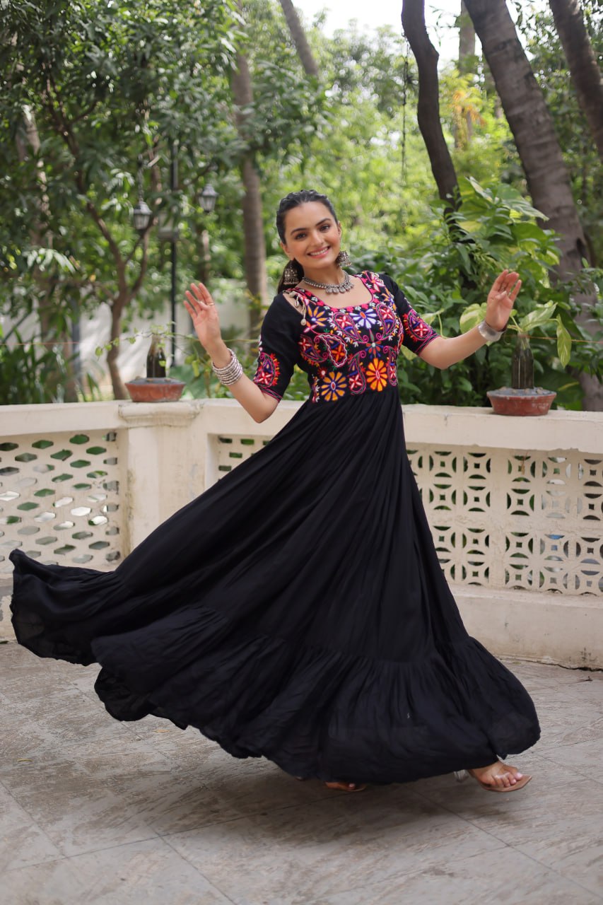 Black Designer 14kg Rayon Gathering Frill Gown with Kutchi Gamthi Embroidery