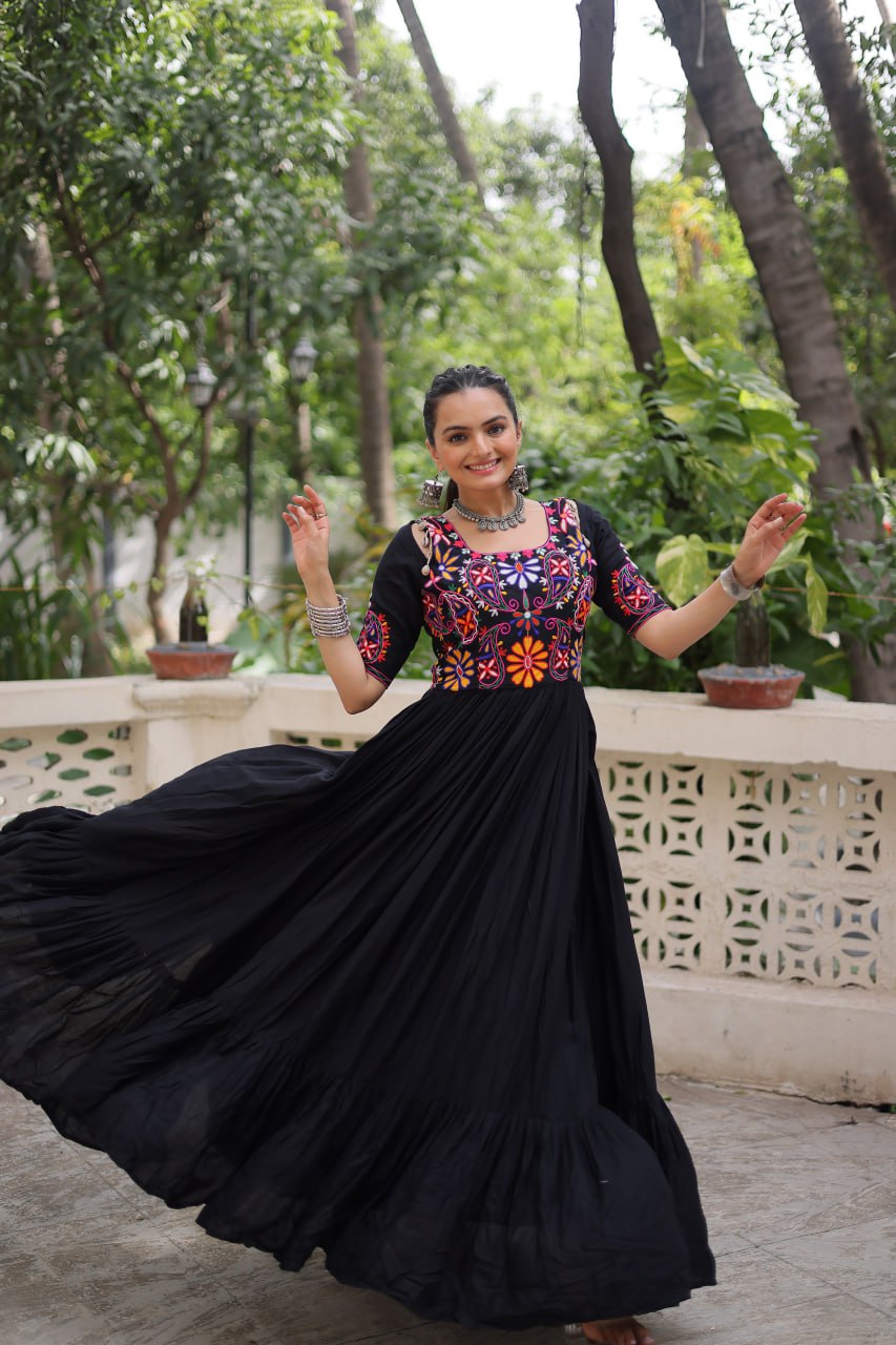 Black Designer 14kg Rayon Gathering Frill Gown with Kutchi Gamthi Embroidery
