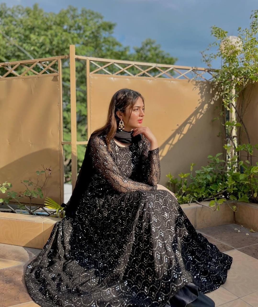 Black Designer Anarkali Sharara Set in Faux Blooming with Heavy Sequins & Thread Embroidery